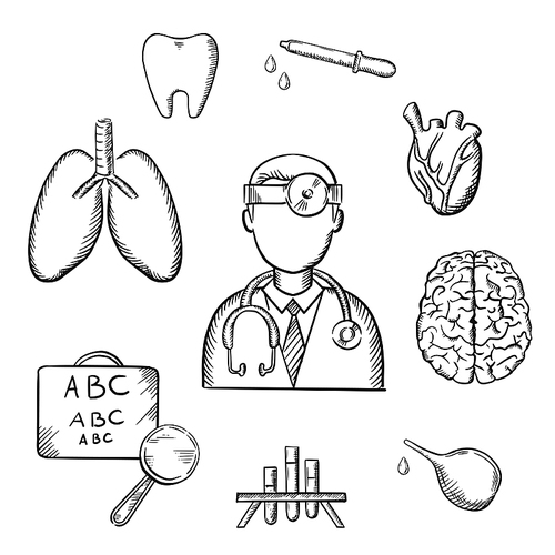Medical sketch icons with doctor encircled by an eye chart, lungs, tooth, eye, dropper, test tubes, brain and heart depicting examination, diagnosis and treatment. Sketch style vector objects