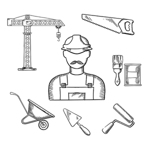 Builder profession and construction industry sketched icons with man in hard helmet and overalls with tower crane, hand saw, trowel, paintbrush, paint can, wheelbarrow and paint roller.