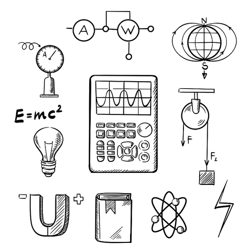 Science sketch icons set with symbols of physics such as magnet, electric power, atom model, Earth magnetic field, book, formulas, schemes and tools. For education or scientific concept design