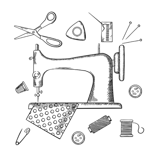 Sketched sewing icons surrounding a sewing machine with pin, thread, yarn, thimble, button and cloth. Sketch style vector illustration