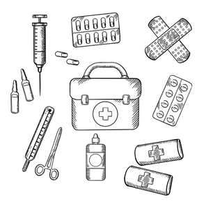 Ambulance concept with a sketch icons of a first aid kit, plasters, medication, forceps, syringe and tablets. For medicine and healthcare theme design