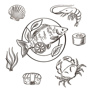 Seafood delicatessen with shrimp, sushi roll, crab, sushi nigiri, seaweed and shellfish, served on plate with lemon slices and salad leaves. Sketch style vector