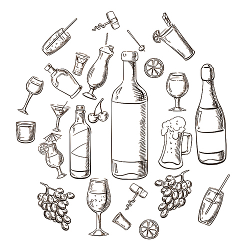 Beverages, alcohol, fruits, glasses and corkscrews sketches in a circle. For cafe and restaurant menu design