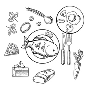 fresh dinner food with sketch vector icons as a cake, s, fried eggs, pizza and sliced bread surrounding a central plate of fish. sketch style