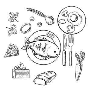 fresh dinner food with sketch vector icons as a cake, s, fried eggs, pizza and sliced bread surrounding a central plate of fish. sketch style