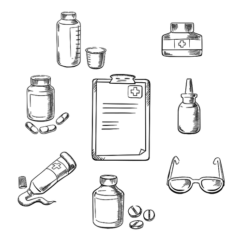 Prescription and medical sketch icons with clipboard, drugs and pills, ointment, dosage, liquid medication, dropper and glasses