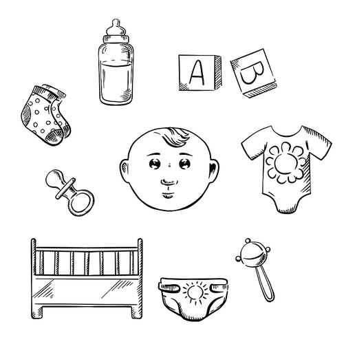 Child toys and objects. Crib, pacifier, socks, bottle of milk, rattle, diaper and letter cubes. Sketch style vector