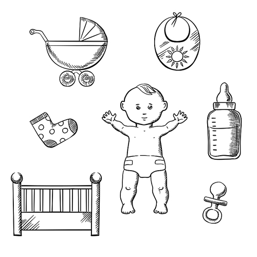Baby sketch design with a cute little baby in a nappy encircled by a cot, crib, pushchair, booties, bib, bottle, and dummy. Vector illustration