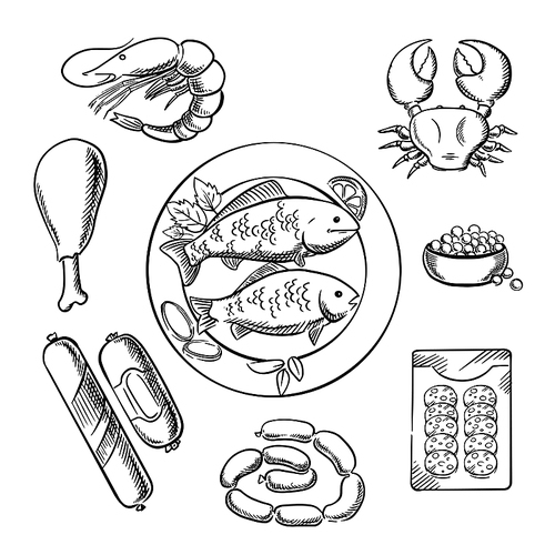 Seafood and meat sketched icons with fish, crab, prawn, caviar, sausage, wurst and chicken. For cafe or restaurant menu design. Sketch vector