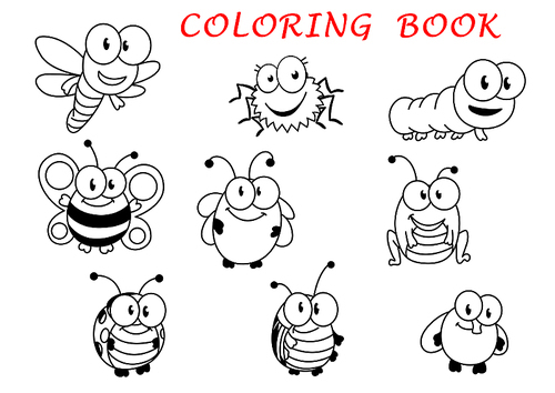 Cartoon funny outline insect characters with fly, ladybug, butterfly, dragonfly, bee caterpillar beetle spider and grasshopper