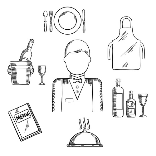 Waiter profession icons with waiter man in uniform, bow tie encircled by menu book, apron, tray with bottles and glass, champagne in ice bucket, plate with fork, knife and spoon, silver cloche. Vector