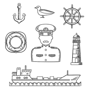 Sailor and captain profession design with moustached captain in white uniform, helm, ship, anchor, lifebuoy, lighthouse and seagull icons. Sketch style vector