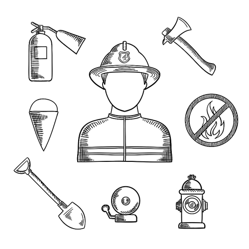 Firefighter profession sketch icons with man in protective helmet and suit, flanked by fire axe, bucket and shovel, extinguisher, fire alarm, hydrant and prohibition sign . Sketch style vector
