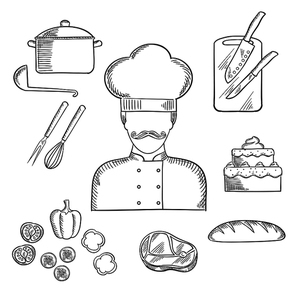 cook profession hand drawn design with sketch of man in chef hat and tunic with bread, beef steak, pot with ladle, tiered cake, sliced fresh s, chopping board with knives, whisk and fork