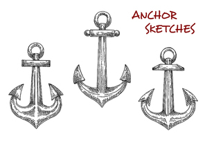 Marine anchors isolated sketch icons with admiralty or fisherman old anchors. Great for nautical emblem, navy heraldry or marine adventure design