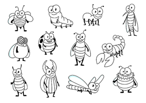 Funny cartoon outline bee, ant, ladybug, fly, caterpillar, dragonfly, mosquito bumblebee wasp, stag beetle hornet and scorpion. Insect characters for mascot, children book or nature design
