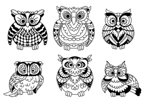 Cartoon colorless old wise great horned owls birds with curly plumage. Decorative birds for children book, Halloween design or mascot usage