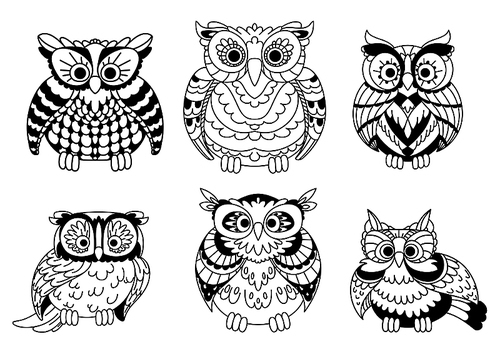 Cartoon colorless old wise great horned owls birds with curly plumage. Decorative birds for children book, Halloween design or mascot usage