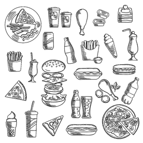 Fast food and takeaway icons of pizza, burger, hot dogs, french fries with sausage and sauce cups, fried chicken legs, cups of coffee, soda, ice cream cones, cakes and milk cocktails. Sketch vector