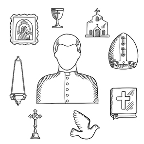 Priest profession with sketches of mature man, surrounded by the Bible, cross, bowl and candelabra, icon and church or temple, mitre and dove bird
