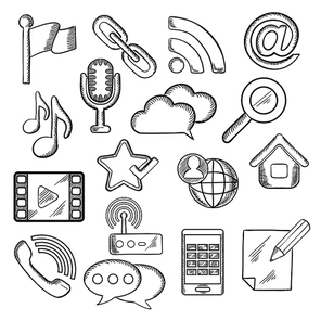 Multimedia and communication sketched icons with smartphone, microphone, music, video player, e-mail, link search, chat, call, cloud storage flag pin home, notebook, rss feed, wi-fi. Vector sketch