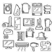 Home appliance icons with microwave, vacuum, iron, refrigerator, toaster, tv set, washing and sewing machine, blender, mixer and fan, stove kettle air conditioner telephone, steamer and cooker hood