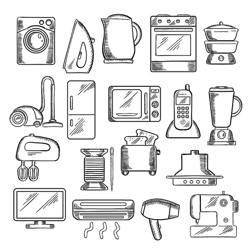 Home appliance icons with microwave, vacuum, iron, refrigerator, toaster, tv set, washing and sewing machine, blender, mixer and fan, stove kettle air conditioner telephone, steamer and cooker hood