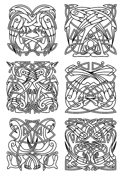 heron, stork and crane birds ornaments or patterns for celtic or irish style design and embellishment. vintage stylized ornament, may be used as a totem or