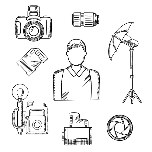 Photographer profession icons in sketch style with elegant man and memory card, camera film roll, lens, shutter, digital and retro cameras, lighting umbrella on tripod. Vector sketched icons