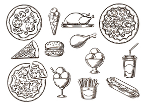 Fast food  menu sketches of pizza with different toppings, french fries box, hamburger and hot dog, fried chicken, ice cream cone and sundae desserts, soda paper cap. Vector takeaway food sketches set