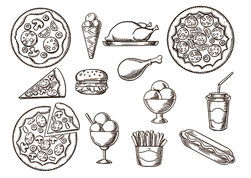 Fast food  menu sketches of pizza with different toppings, french fries box, hamburger and hot dog, fried chicken, ice cream cone and sundae desserts, soda paper cap. Vector takeaway food sketches set