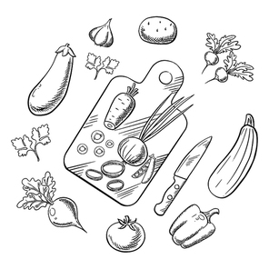 Cooking process of a vegetarian salad with knife, chopping board and tomato, carrot and pea, onion and potato, bell pepper, garlic and radish, beet and eggplant, zucchini and parsley vegetables