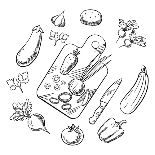 Cooking process of a vegetarian salad with knife, chopping board and tomato, carrot and pea, onion and potato, bell pepper, garlic and radish, beet and eggplant, zucchini and parsley vegetables