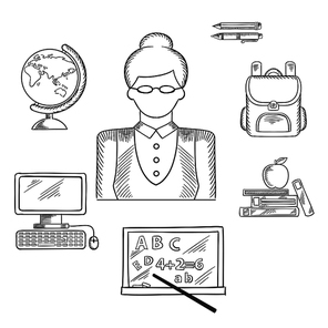 Teacher profession sketched icons with woman in glasses surrounded by school supplies icons such as schoolbag, blackboard, desktop computer, globe, pen, pencil, books and apple. Vector sketch style