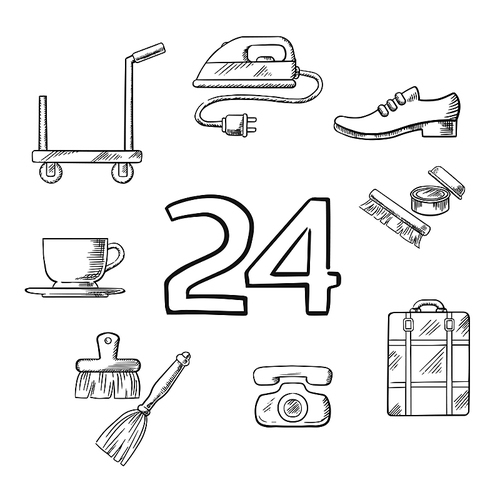 Hotel and room service sketched icons with tea cup, iron, shoe cleaning and breakfast, timer, baggage and room cleaning. Vector sketch