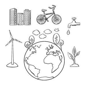 Eco friendly city, green energy and natural resources protection sketched icons. Environment and ecology symbols, vector sketch