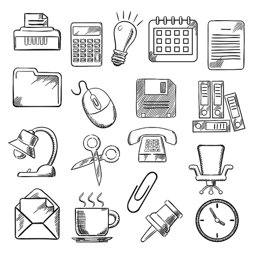 Business and office sketch icons with light bulb, phone, calendar calculator and mouse,  mail and folders, documents and clock, coffee and chair, shredder and scissors, lamp and pin. Vector sketch