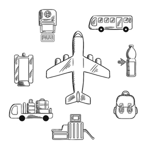 Airport and aviation service icons for infographic design with airplane surrounded by passport control, metal detector and security gate, baggage service and passenger bus, drink and hand baggage