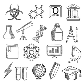 Science and education icons with college and book, laboratory glasses and computer, microscope and globe, graduation cap and pencil, compasses and dna, atom and biohazard sign, electricity and oxygen