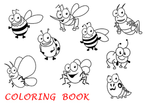 Cartoon insects isolated on white  with ladybug, mosquito and grasshopper, butterfly and ant, fly and bee, spider and caterpillar