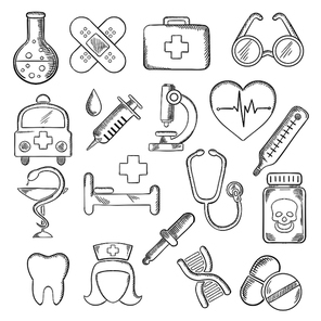Medical and healthcare icons sketches with hospital and pharmacy signs, nurse, ambulance, first aid box, pills and syringe, stethoscope, heart ecg, tooth and glasses, dna and microscope. Vector