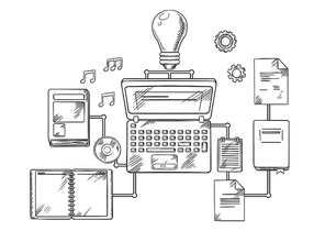 Web education, knowledge or e-learning concept with laptop computer and light bulb surrounded by a variety of interconnected education icons. Vector sketch style