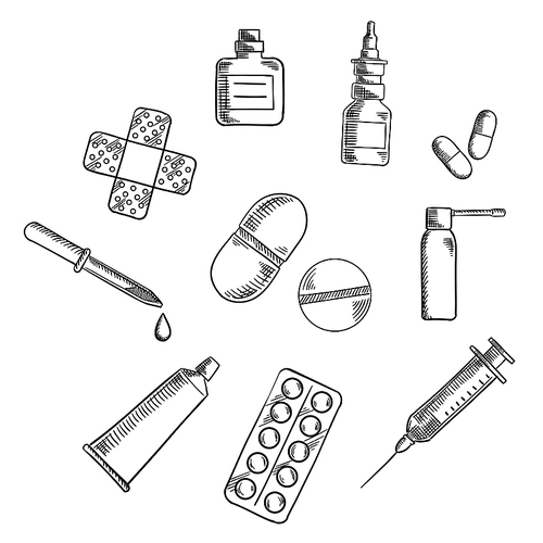 Medication icons with drugs icons as capsules, blister of pills, nose and throat sprays, syringe, drops bottle and dropper, sticking plaster and ointment tube. Vector sketch illustration