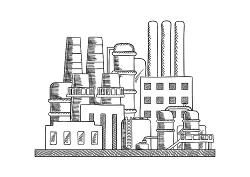 Industrial refinery factory sketch with set of buildings, tanks, pipe work and chimneys. Vector sketch illustration