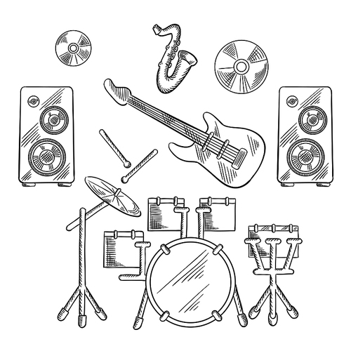 Musical band instruments with drum set, electric guitar, drum sticks, saxophone, disks and speakers. Vector sketch illustration