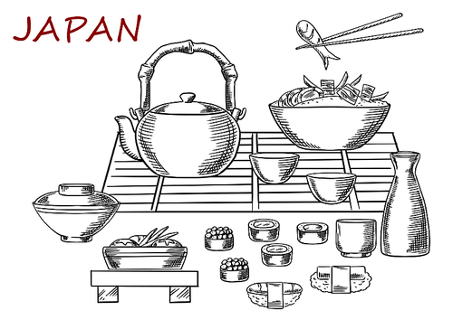 japanese seafood sketch with sashimi and sushi rolls below a table set with a teapot, fresh salad and bowl of  and prawns with one held in chopsticks. vector sketch