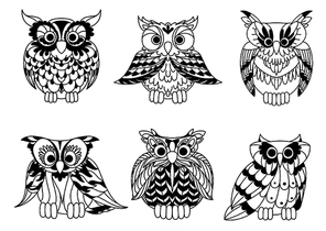 Cartoon outline owl birds set. Colorless horned owls characters isolated on white