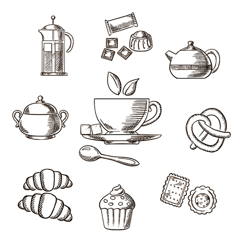 Cup of tea on saucer with pieces of sugar surrounded by chocolate and bakery, pastry and teapots sketches. Vector illustration