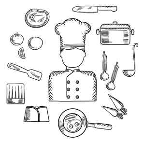 Chef profession sketched icons with cook in uniform surrounded by fresh tomato, onion and carrot, pan with eggs and bacon, knife, saucepan with ladle, meat steak, chef hats and spatula. Vector sketch