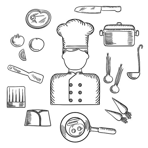 Chef profession sketched icons with cook in uniform surrounded by fresh tomato, onion and carrot, pan with eggs and bacon, knife, saucepan with ladle, meat steak, chef hats and spatula. Vector sketch